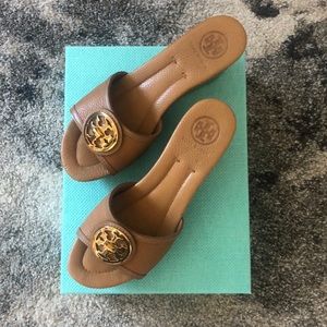 Tory Burch tan and gold wedge slides